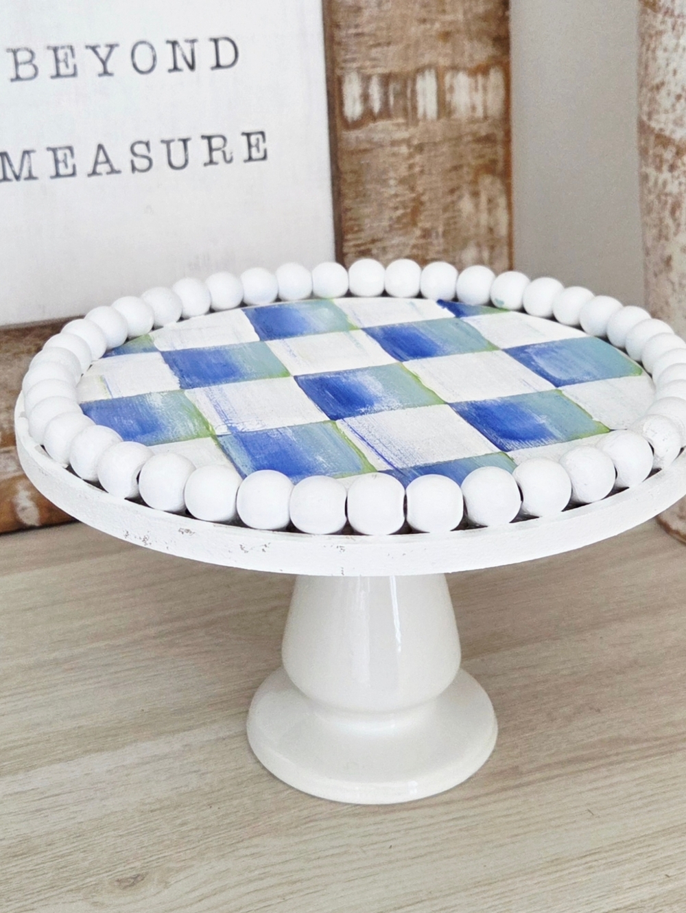 Gorgeous! Checked Pedestal Cake Stand with Coastal Blue Checkered Top